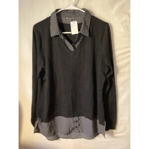 2586 Adrianna Papell Twofer Layered Vneck Sweater Black w/Black Polka Dots Large